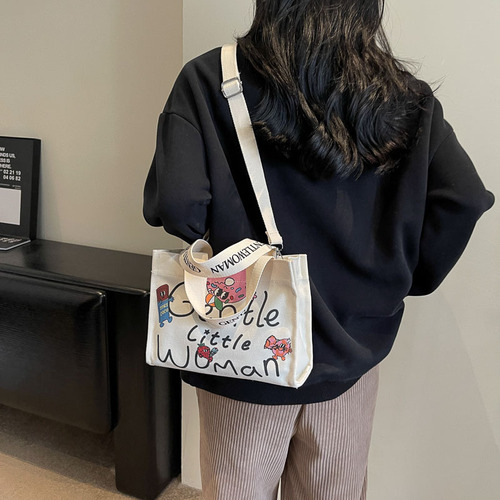 跨境泰国帆布女包包新款字母印花单肩包斜跨包时尚手提托特包女