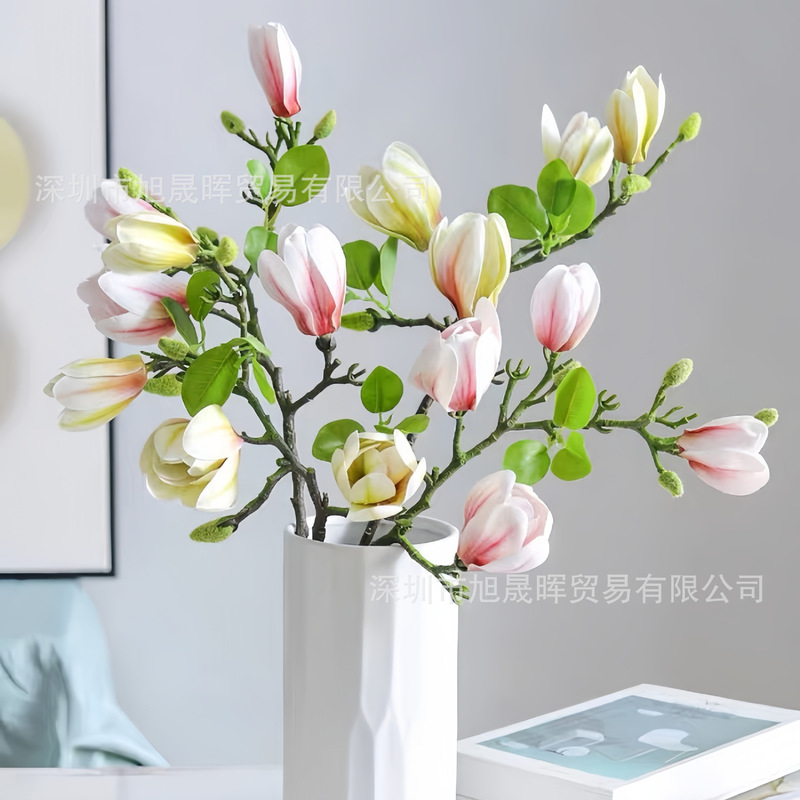 Cross-Border含苞玉兰 Artificial Bouquet Living Room Dining Table Fake Flower Ornaments Decorative Floral Set Flower Home Decoration