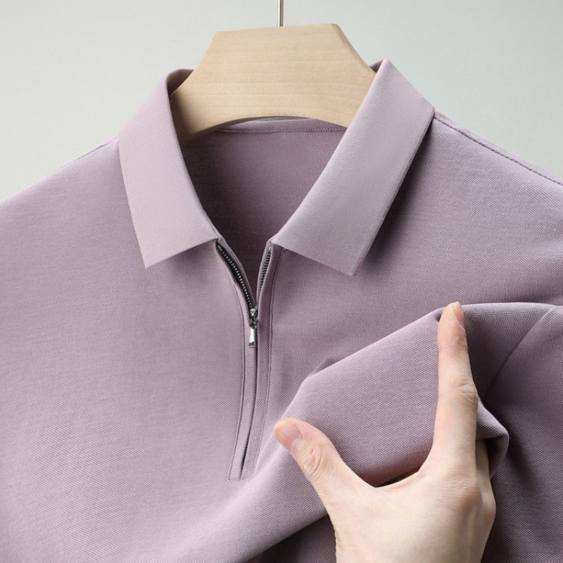 2025 New Style Cotton Polo Shirt with Mulberry Silk Pearl Short-sleeved Men's Casual Lapel Zipper Solid Color Short-sleeved T-shirt for Men