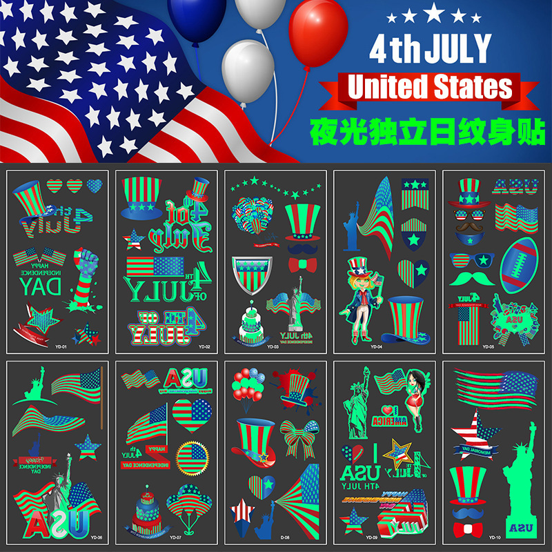 Foreign Trade Independence Day Luminous Tattoo Face Decoration Party Stickers Disposable Temporary Independence Day Stickers