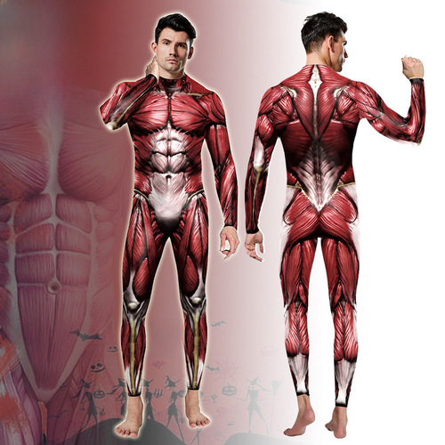 European and American new Halloween muscle cosplay stage performance costumes funny printed jumpsuit for men and women