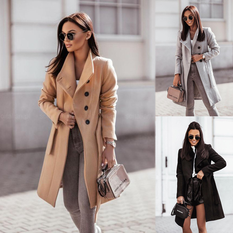 Ready Stock Cross-Border Foreign Trade Women's Autumn and Winter Coats Amazon Aliexpress Solid Color Double-Breasted Belted Woolen Coat