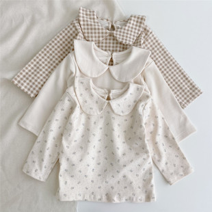 2024 Autumn Baby Base Shirt Cotton T-shirt Long Sleeve Lapel Plaid Small Floral Cute Baby Girl Top