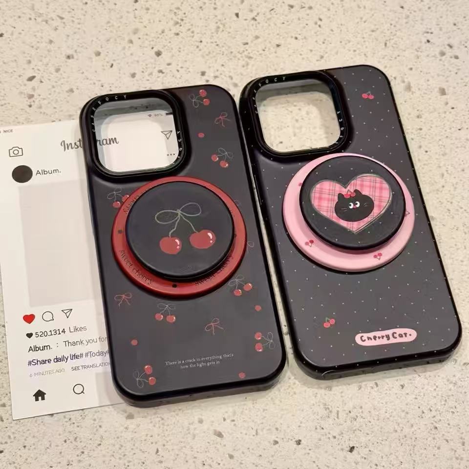 Ins coreanos con lazo de cereza negro para iphone15/14 funda para teléfono móvil Apple 16ProMax femenino 13 duro