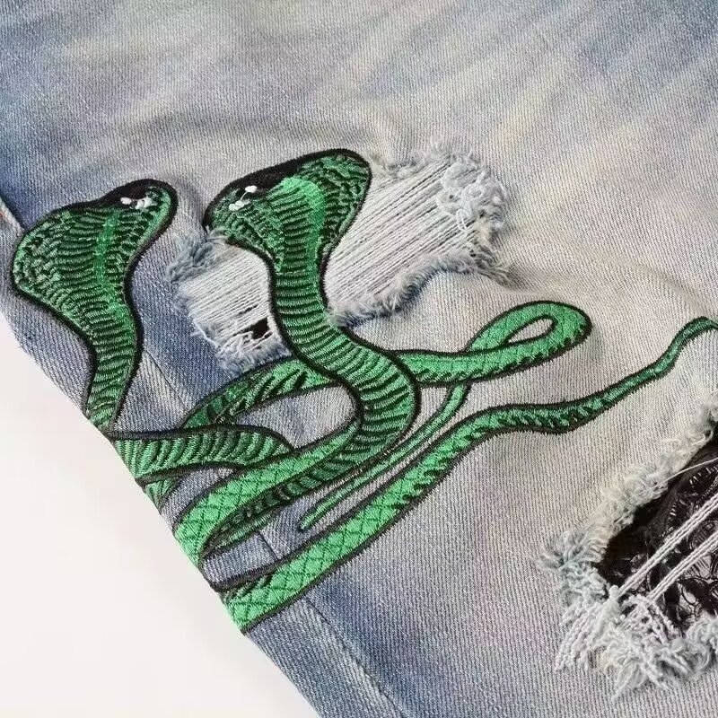 boy European And American High Street Trend Brand Vintage Distressed Niche Jeans For Men With Cobra Embroidery Patch Slim_voghion.com