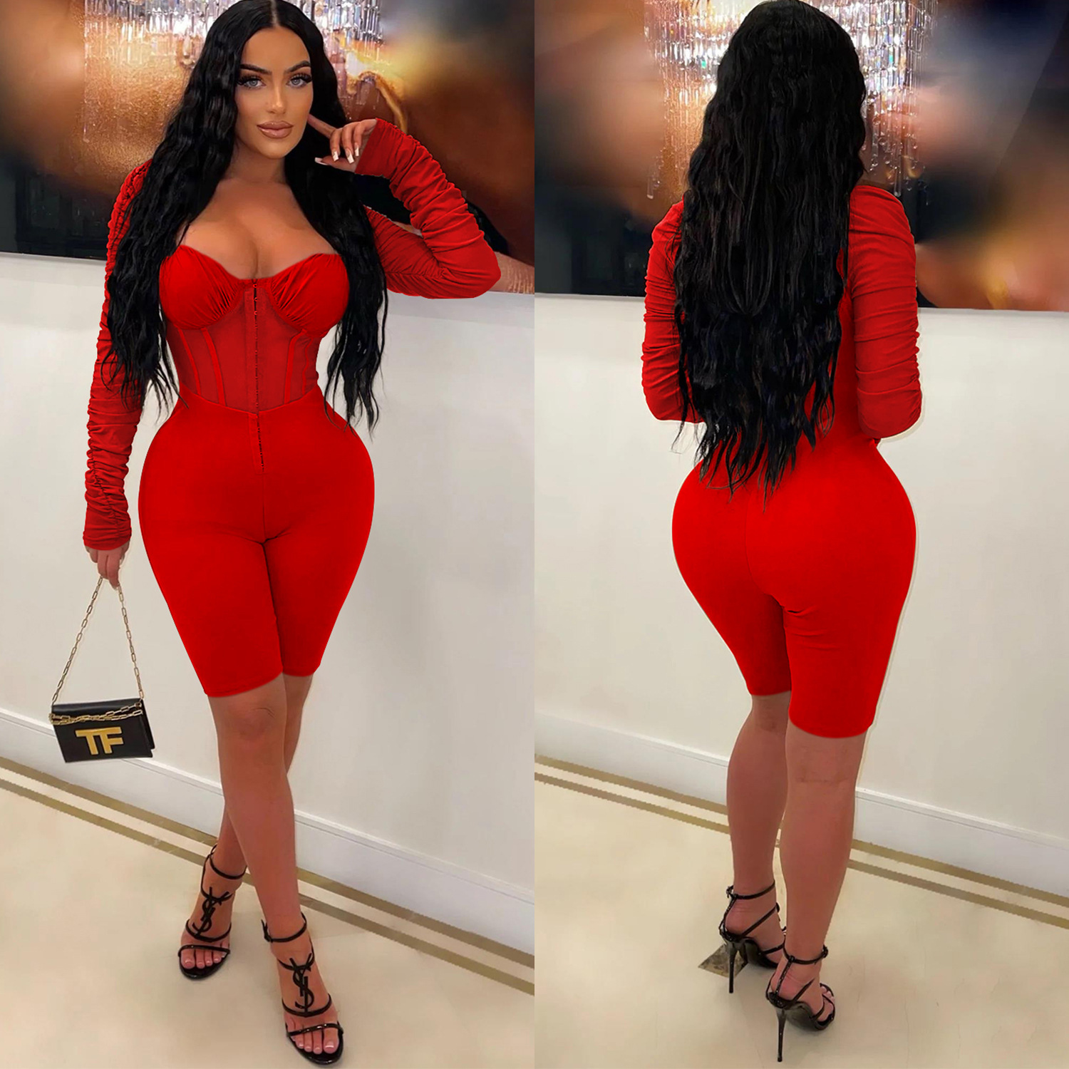 X6121 transfronteriza AliExpress Amazon europeo y americano de la moda de las mujeres de color sólido de manga larga pantalones cortos de malla perspectiva mono
