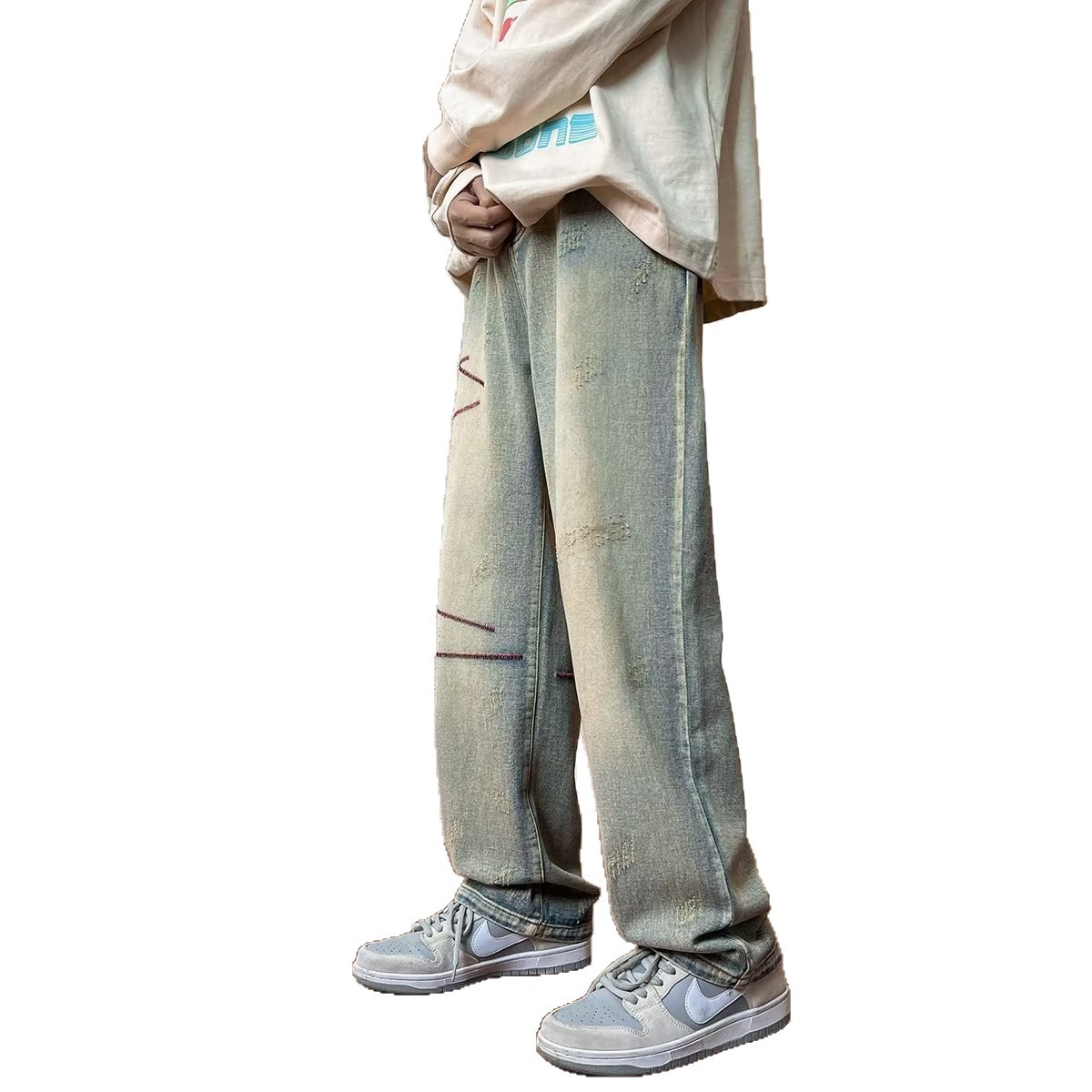 Men's Vintage Washed Denim Straight Leg Jeans Hip-Hop Style Cargo Pockets Streetwear Pants_mkmklike.com