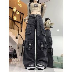 アメリカンレトロハイストリートワークジーンズレディースストレートワイドレッグカジュアルパンツ2025新しいファッショントレンドパンツ