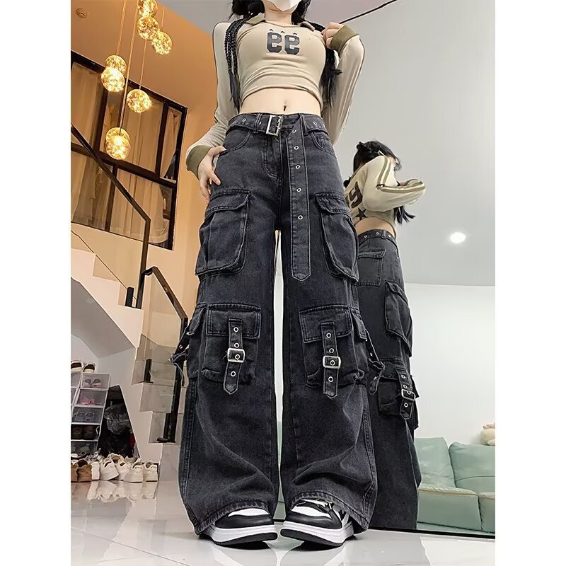 American Retro High Street Workwear Jeans Women's Straight Wide-Leg Casual Pants 2025 New Fashion Trendy Trousers