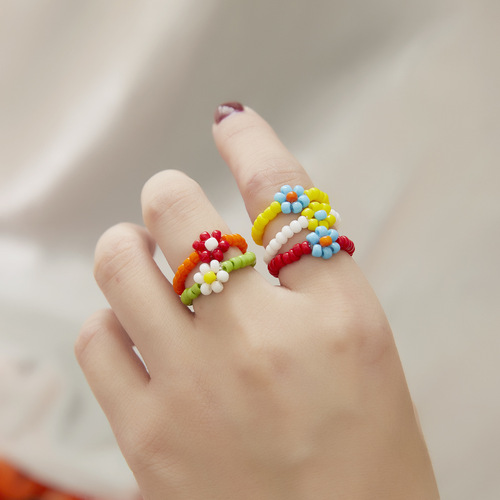 Manufacturer Hyuna style handmade rice bead flower ring Japanese and Korean same style ring colorful braided small flower index finger for women