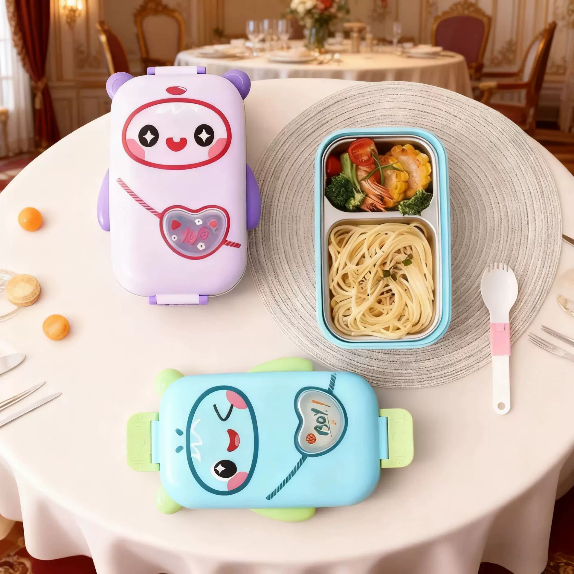 儿童卡通分格防串味饭盒304不锈钢内胆密封防漏餐具带勺便当盒