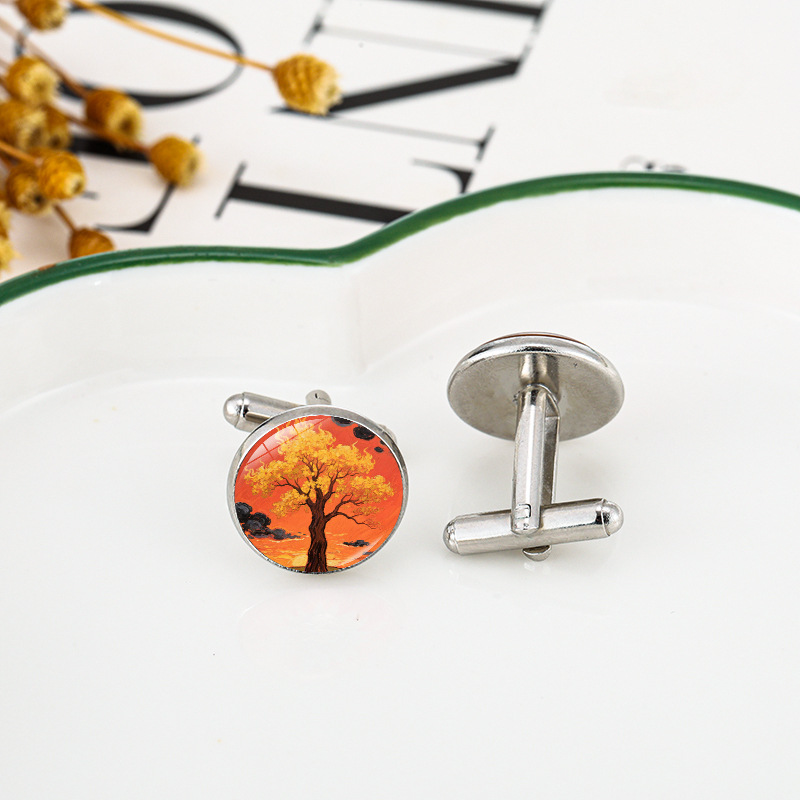 Cross-Border Plant Pattern Oil Painting Cufflinks Art Time Gemstone French Men's Shirt Cufflinks Accessories Jewelry Wholesale