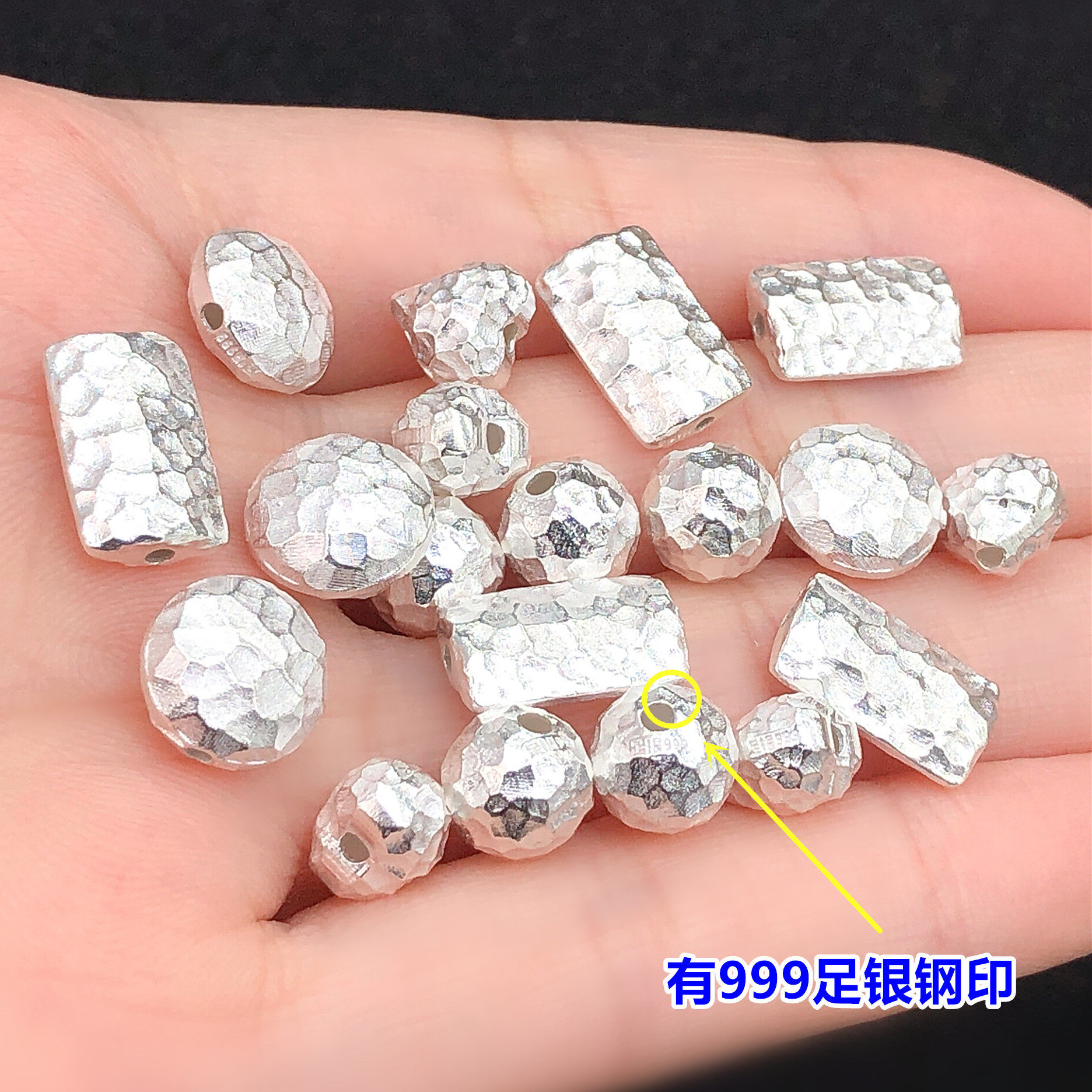 S999 Pure Silver Hammered Pattern Handmade Silver Spacer Beads Round Beads Crystal Jewelry Woven Bracelet Necklace Handmade DIY Accessories