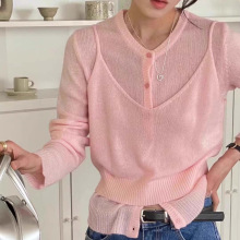 韩国东大门代购女秋冬时尚糖果色显瘦开衫吊带两件套