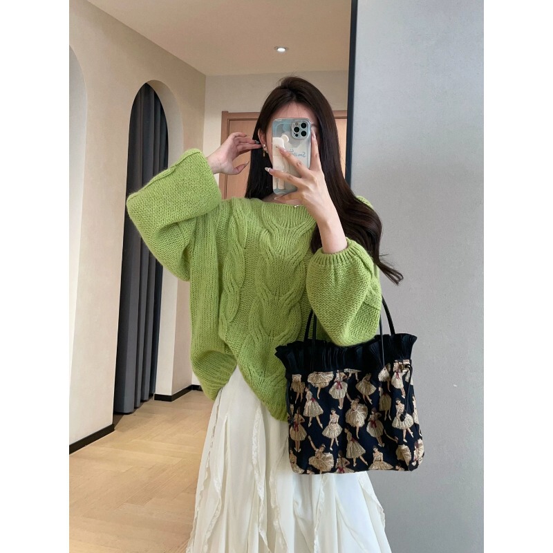 Atmospheric Wool Mohair Soft and Fluffy Cable-Knit Off-The-Shoulder Sweater Top for Women 2026 Spring H030504