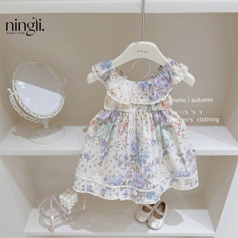 Ningli Girls Summer Dress 25 New French Floral Children's Skirt Fashionable Girl Princess Dress Suspender Trendy
