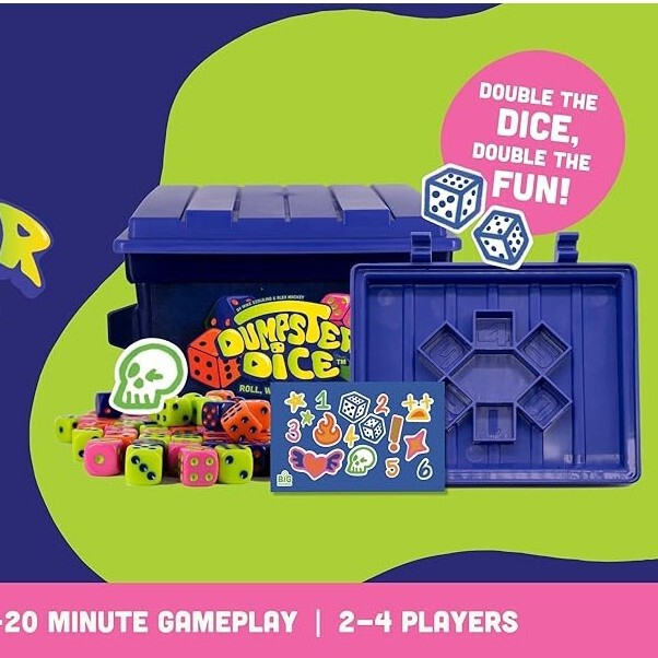 Fast-paced family dice game | Fun 4-player board and dice game with trash can,