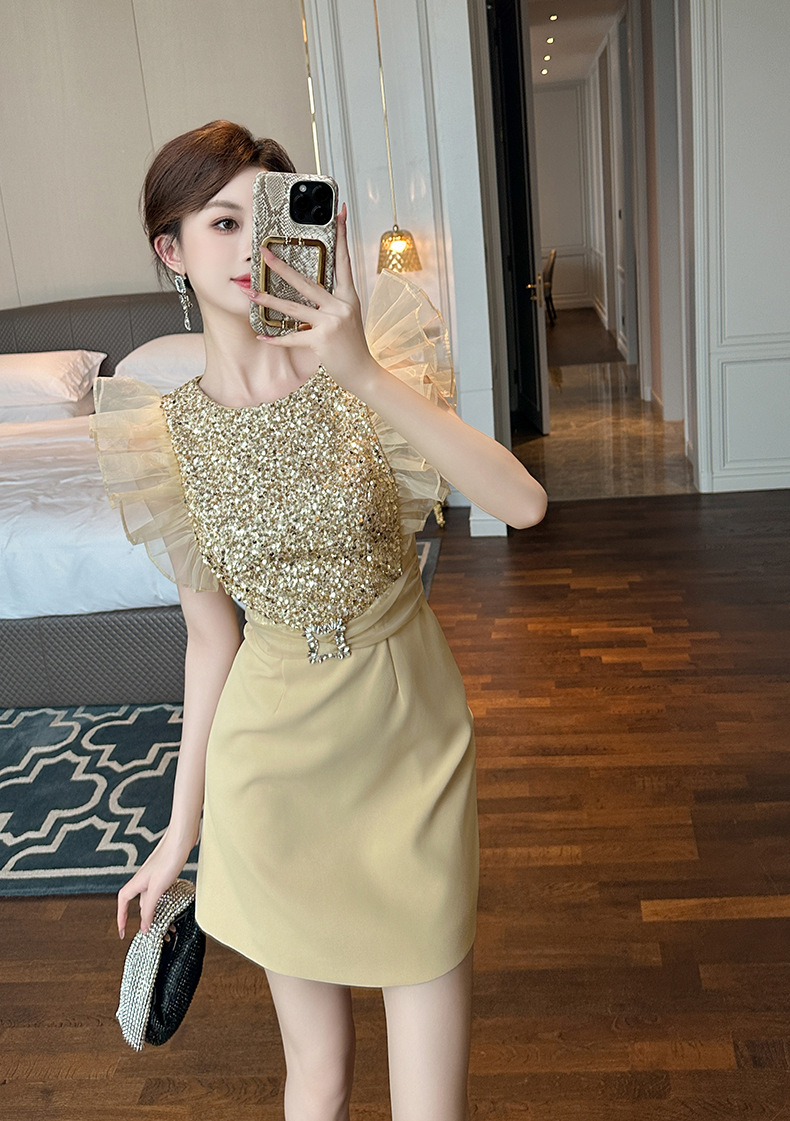 Váy đầm ôm body sequin tay bồng mùa hè 2026 dáng nhỏ — Màu vàng kim chi tiết 8