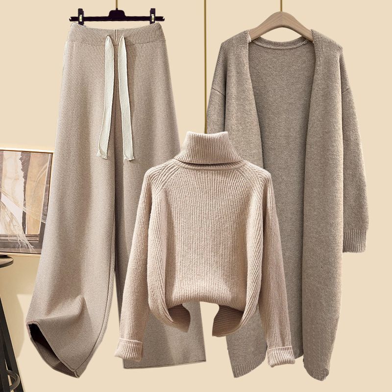 Autumn Suit for Women 2025 New Mid-Length Cardigan Jacket with Turtleneck Sweater Slimming Look Wide-Leg Pants Three-Piece Set