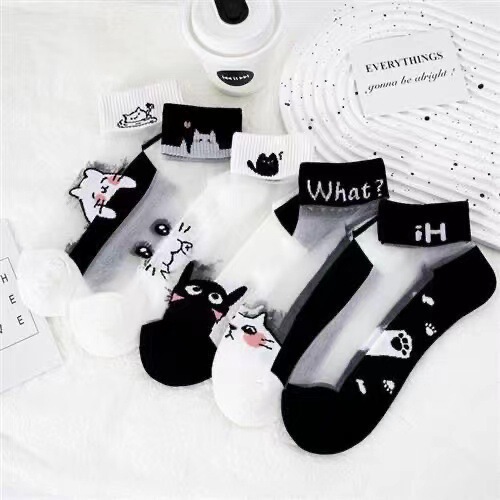Black and White Cat Glass Silk Breathable Sweat-Absorbent Glass Stockings Short Wear-Resistant Deodorant Boat Socks Fashionable Summer Socks for Women