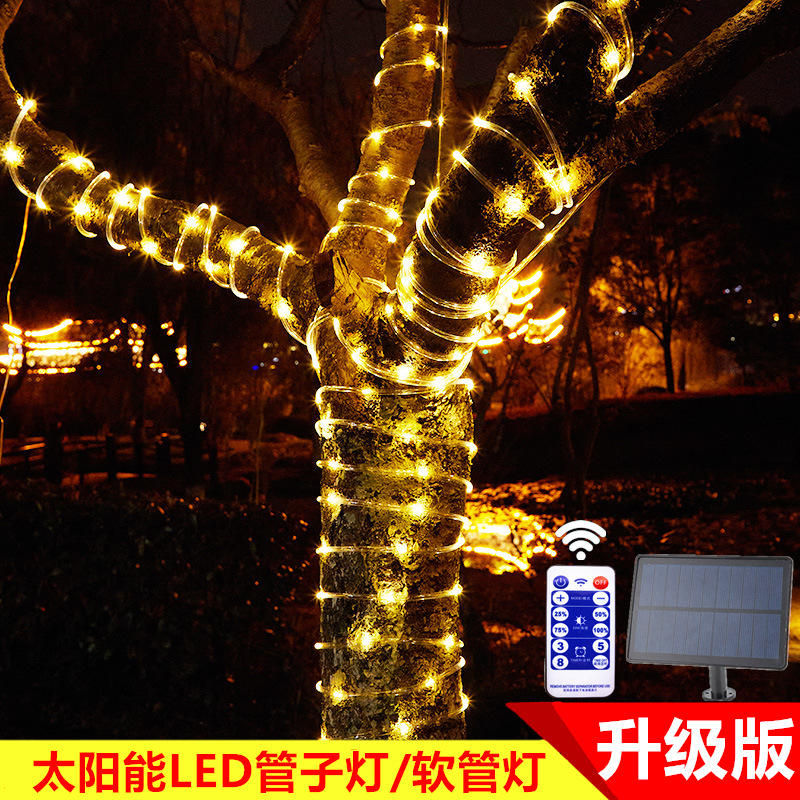 En stock suministro de luz de tubo solar Cadena de iluminación con control remoto manguera de PVC lámpara de alambre de cobre Patio de Navidad luz decorativa