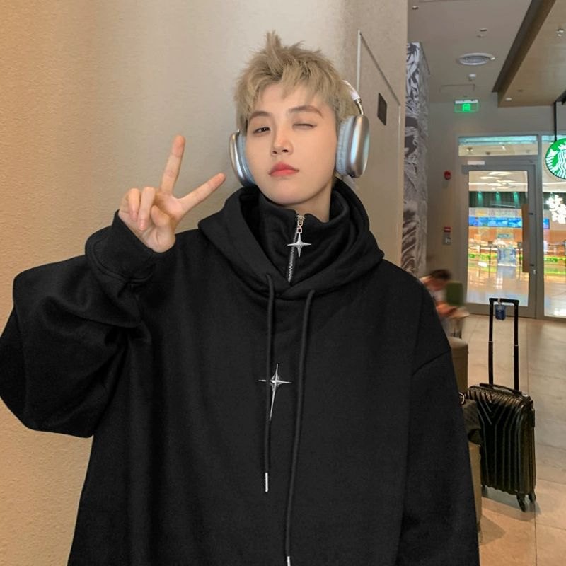 Falso de dos piezas con capucha suéter de los hombres 2023 otoño nueva marca de moda americana retro de gran tamaño media cremallera abrigo