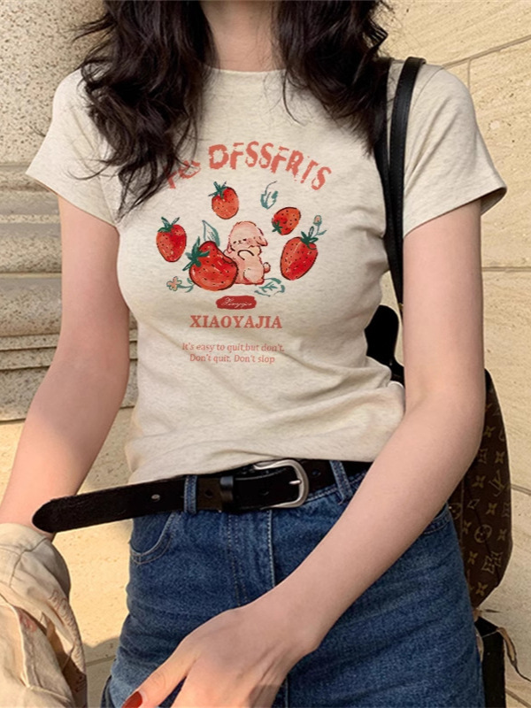アメリカンレトロショルダー漫画イチゴバニー半袖Tシャツレディース夏の新しい甘いホットガールカジュアル多用途トップ|undefined