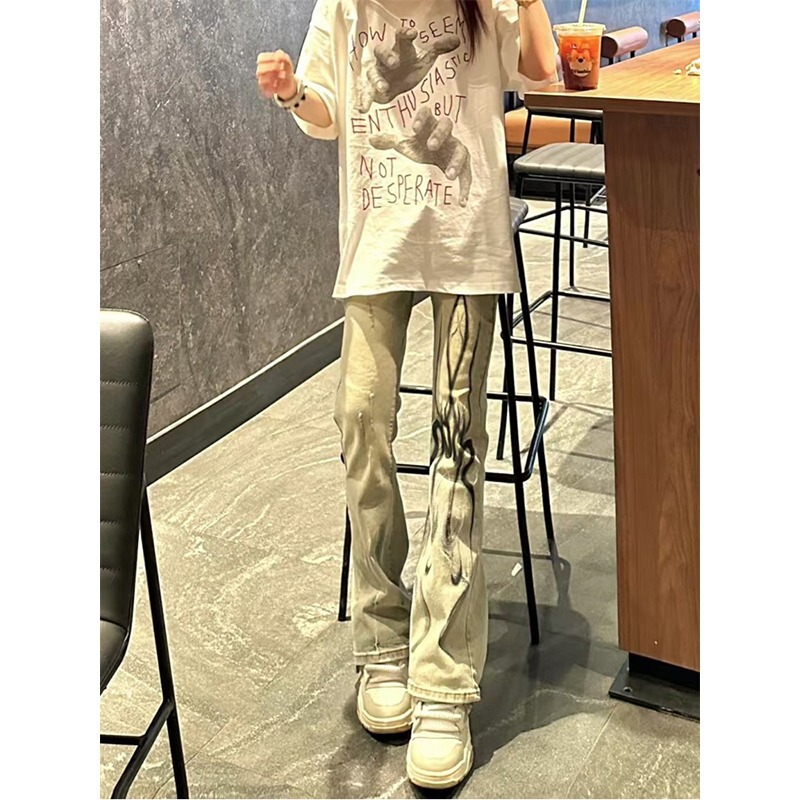 American Vibe Style Pants High Street Trendy Embroidered Flame Silhouette Jeans Men's Summer Straight Slim Fit Bootcut Pants