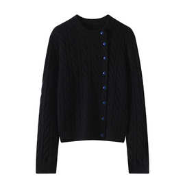 Lekasha cashmere 100%纯山羊绒圆领小蓝扣开衫上衣外套百搭