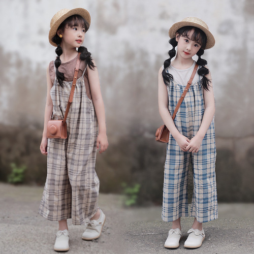 One piece drop shipping girls suit Korean summer dress 2024 new thin soft plaid overalls fashionable vest trend