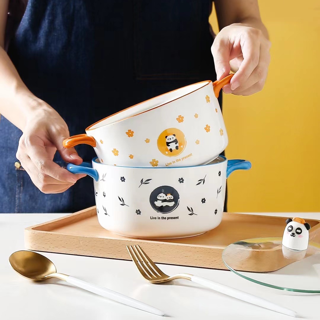 Personalidad creativa lindo Panda de dibujos animados regalo de tazón de fideos personalidad tazón de sopa de cerámica tazón de ensalada coreano con tapa tazón de arroz
