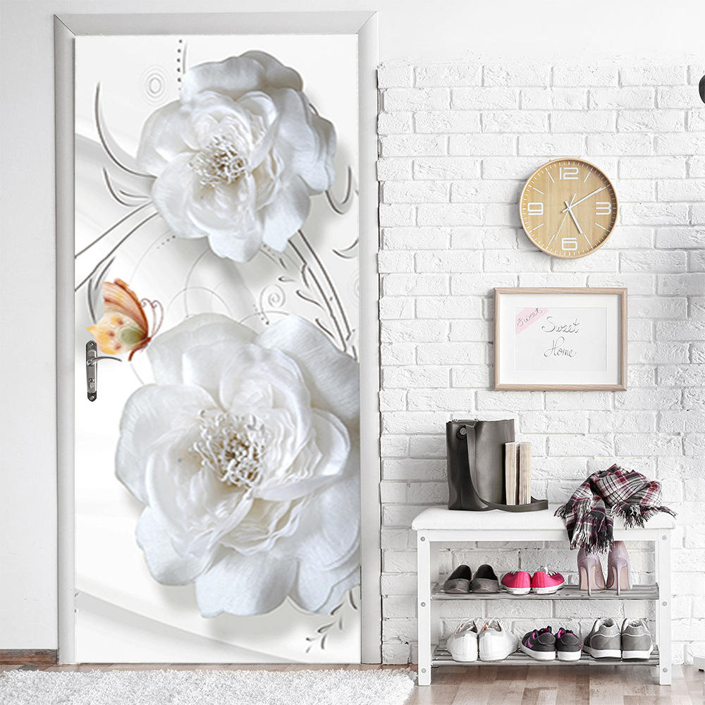 3d väggdekor vit pion för sovrumsdörr_voghion.com