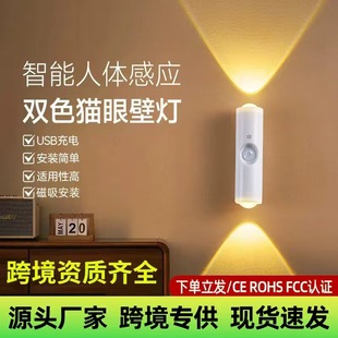 New Cross-Border Wireless Wall Lamp, No Wiring, No Drilling, Ambient Light, Sensor Magnetic Suction, USB Charging, Double Cat-Eye Wall Lamp