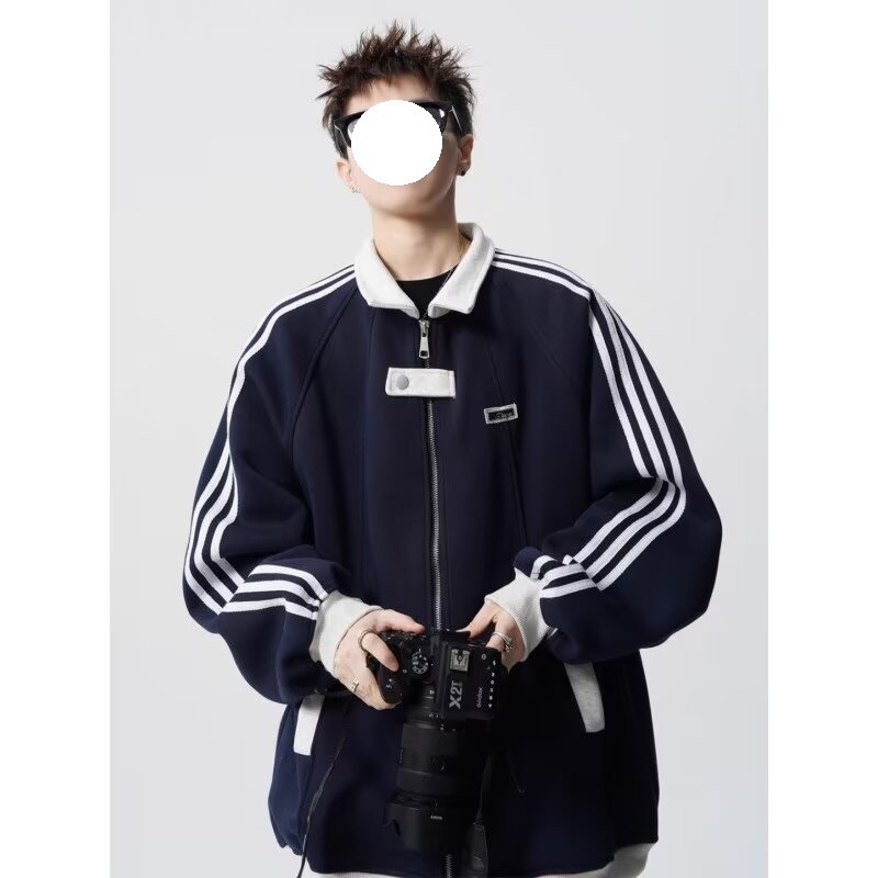 美式学院风外套男秋冬撞色拼接潮流百搭青少年学生条纹夹克棒球服