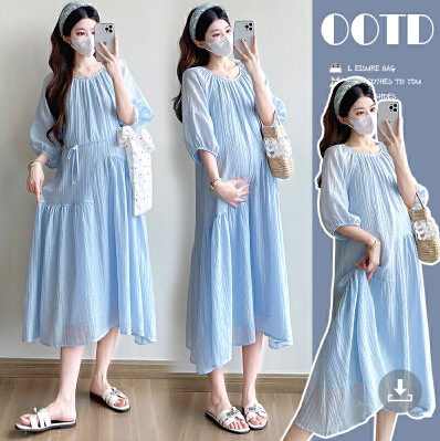 Blue Tencel Maternity Dress 2025 New Summer French Sweet and Gentle Style Long Maternity Dress Blue Tencel Maternity Dress 2025 New Summer French Sweet and Gentle Style Long Maternity Dress
