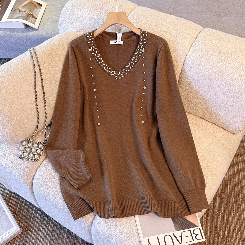 65-175kg Plus-Size Women's Clothing for Fat Girls, New Winter Style Korean Style Elegant Design Long-Sleeved V-Neck Sweater with Rhinestones