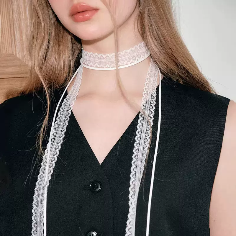 叠戴层次感设计蕾丝飘带细窄女春夏百搭锁骨颈带丝巾一件代发