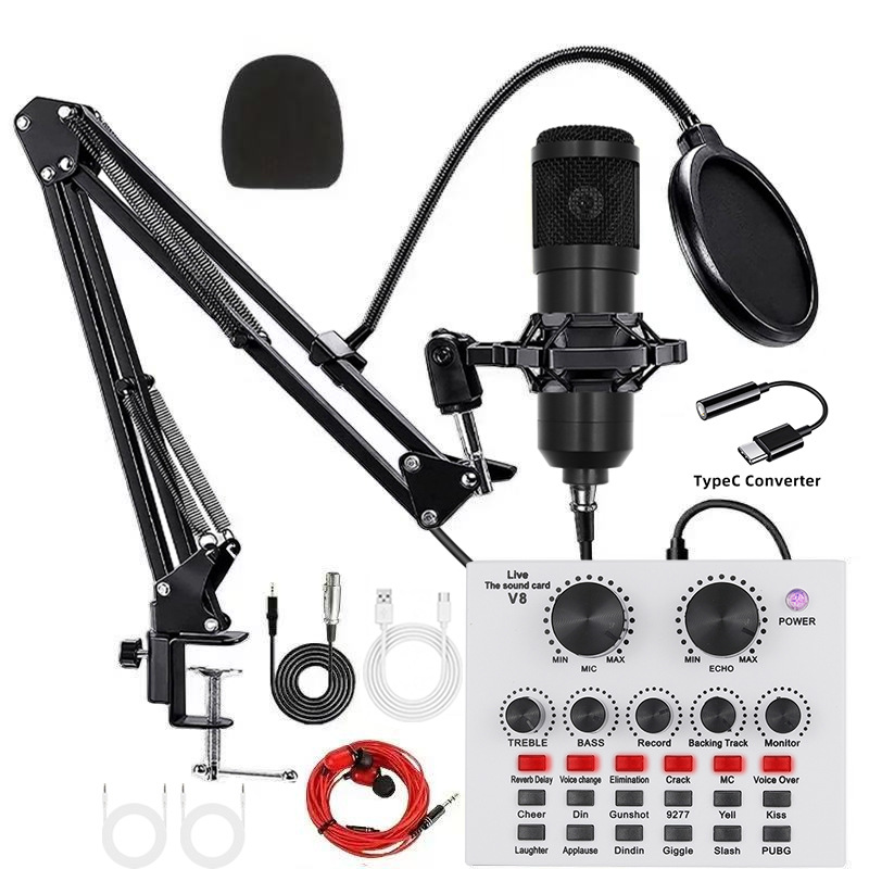 bm800 negro + blanco v8 + conjunto de conversión typec + auriculares
