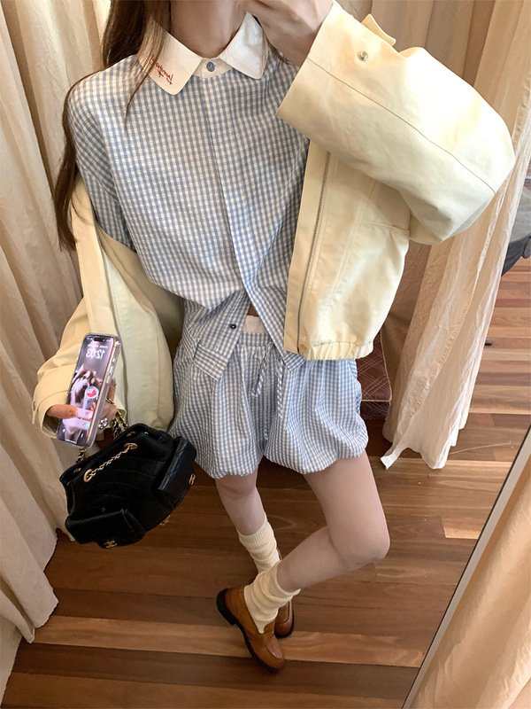 aaaaxbbb 冷调锡蓝 蓝格子套装翻领衬衫花苞裙短裙撞色系带上衣女|undefined
