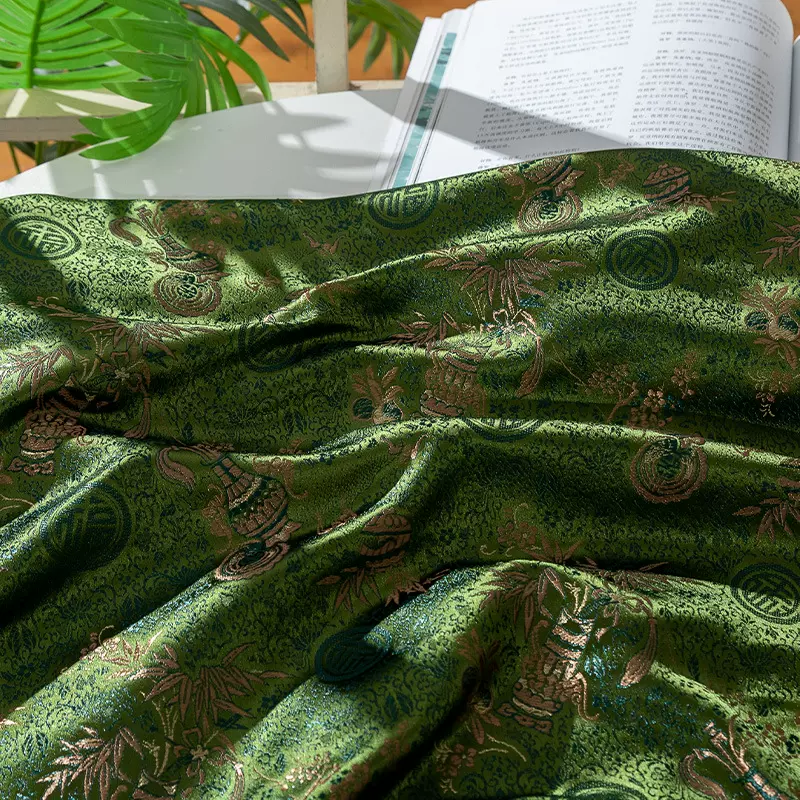 墨绿色织金花瓶福禄织锦缎布料梅瓶东方风服装装饰画马甲衣服面料