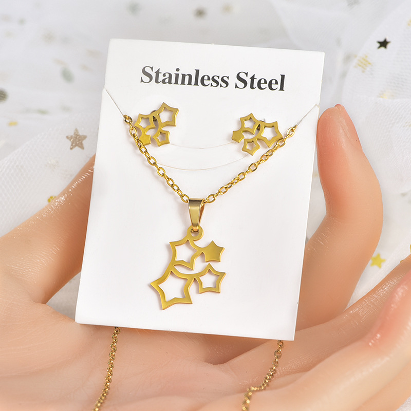 Fashion Star Heart Shape Crown Stainless Steel Inlaid Gold Women's Earrings Necklace 1 Set display picture 3