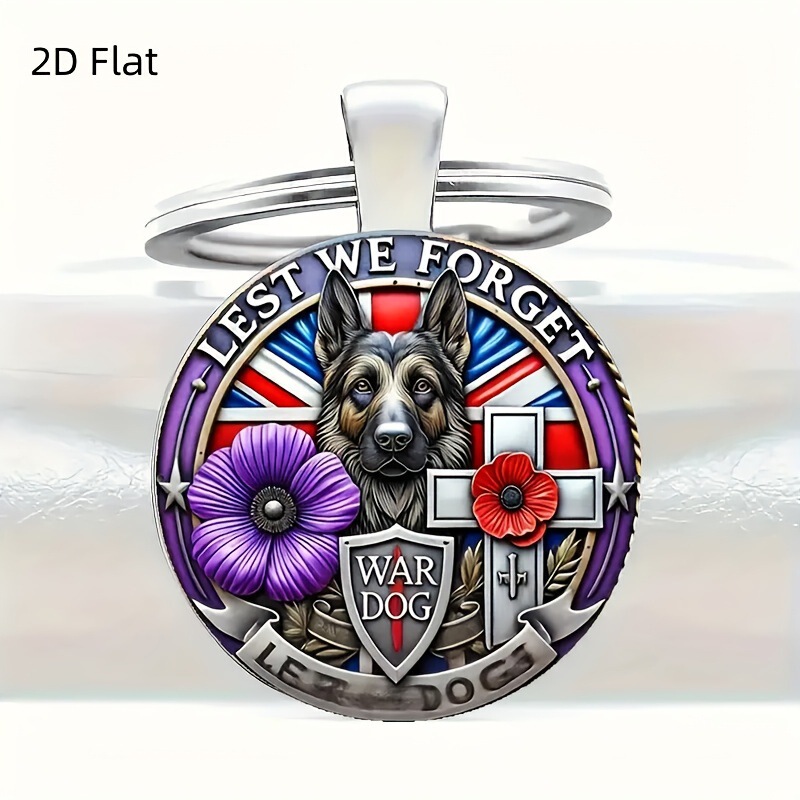 Women's Elegant Oval Glass Keychain "Don'T Forget" War Dog Purple Poppy Flower Alloy Keychain