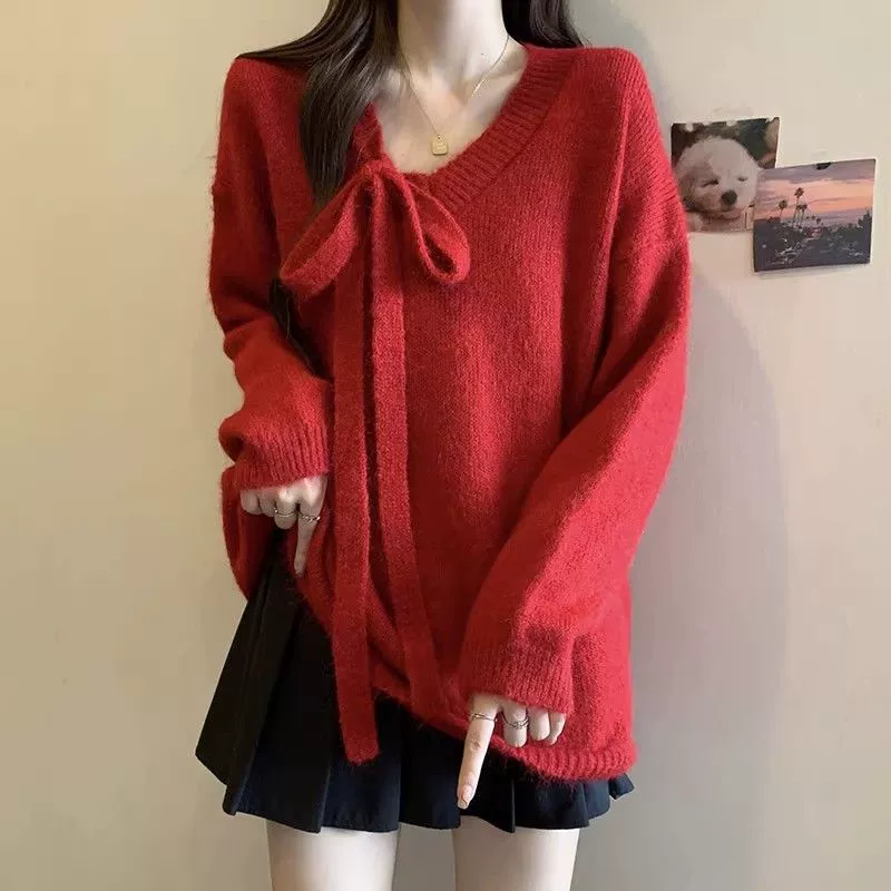Свитер с v-образным вырезом с ремешком французского трикотажа средней и длинной одежды женский весенний, осенний и зимний большой размер Dongguan Darang свитер куртка топ