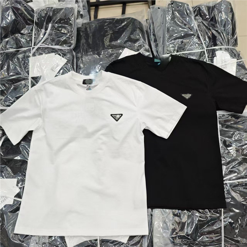 Cross-Border Supply Pure Cotton Pujia 2025 Summer New Metal Triangle Logo Style High Version Short-Sleeved T-Shirt for Men and Women