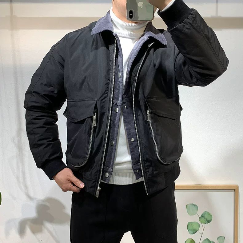 个性假两件拼色翻领夹克落肩袖棉衣工装保暖外套冬季男士棉服男潮