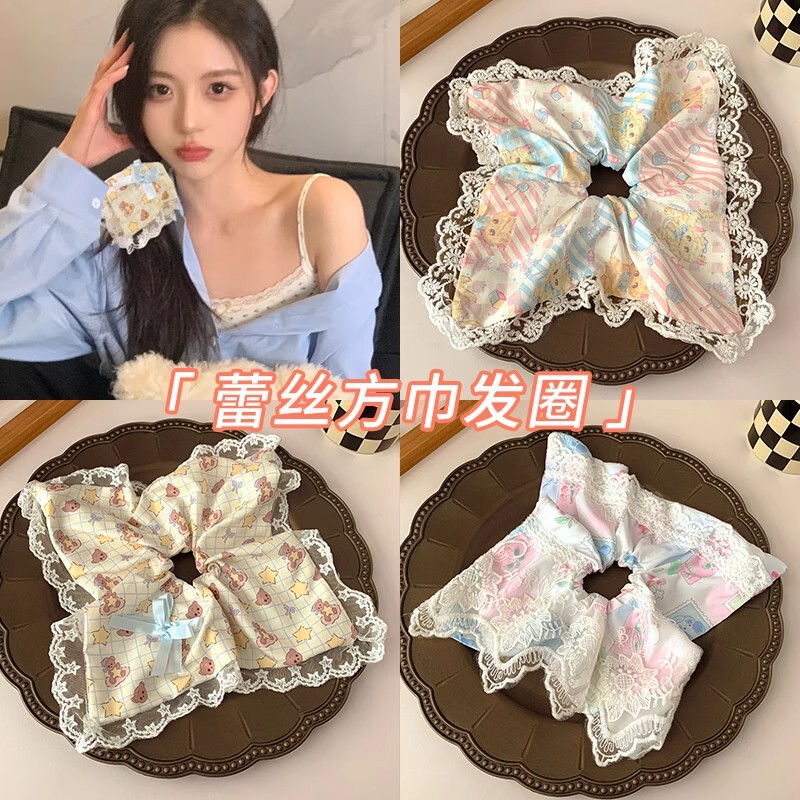 韩系蕾丝方巾发圈气质甜美大肠发圈蝴蝶结头绳发饰高弹橡皮筋发绳|undefined