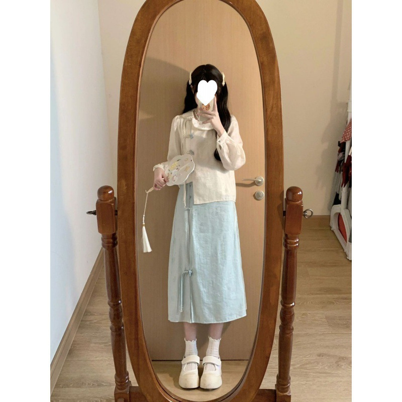 플러스 사이즈 여성의 가을 세트 여성의 2023 새로운 새로운 중국 스타일 디자인 탑 스커트 투피스 세트