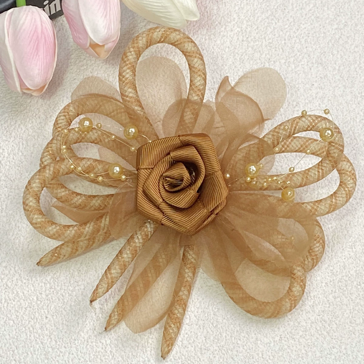 Аксессуар для волос с бантом, handmade, ткань, материал, цветы