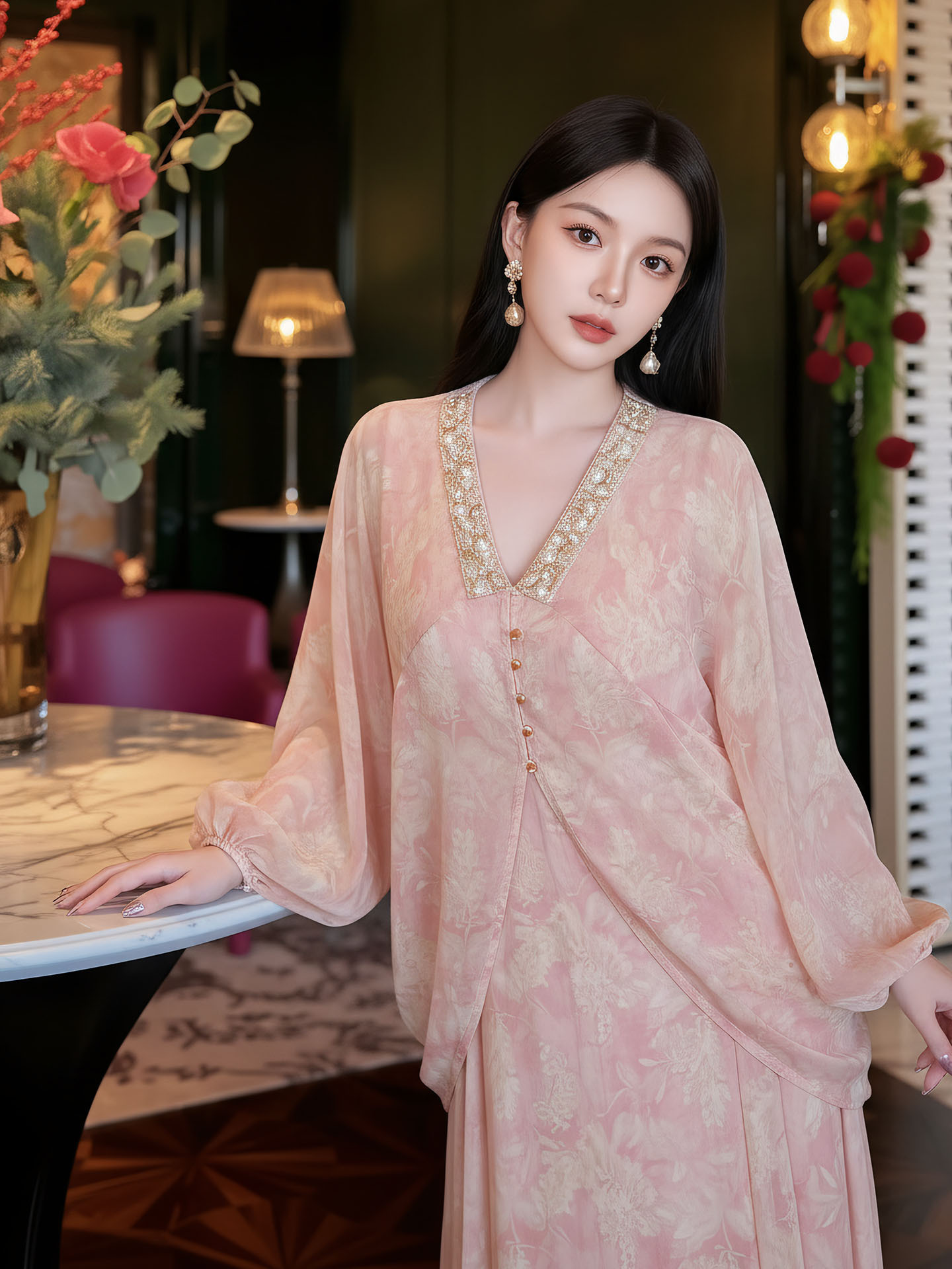 Đầm maxi nữ cổ V in hoa chất voan dài thắt eo thiết kế mùa hè — màu hồng