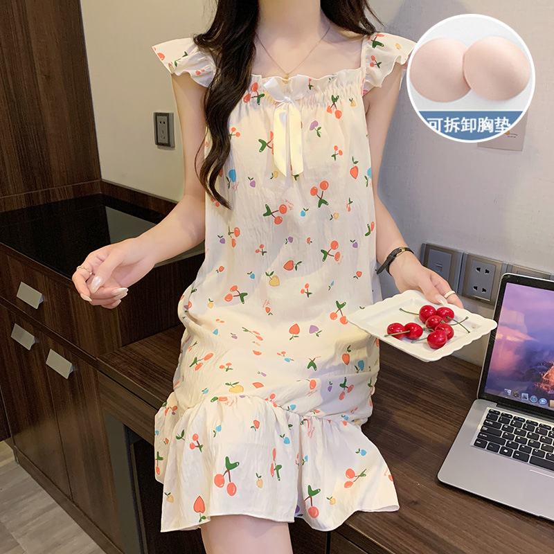 2024 con cojín de pecho ropa para el hogar nubes de verano algodón princesa pijama de viento delgado dulce y sexy vestido de pijama de la niña